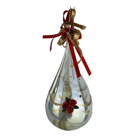 Handblown Glass Teardrop Christmas Ornament Gold & Red Ribbon Rose Embellishment - Picture 2 of 8